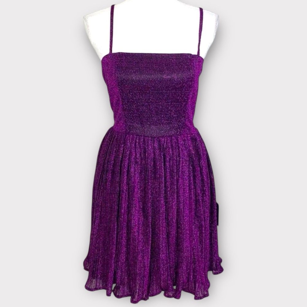 Lulus Party Era Purple Magenta Sparkly Pleated Lace-up Strappy Dress, Large